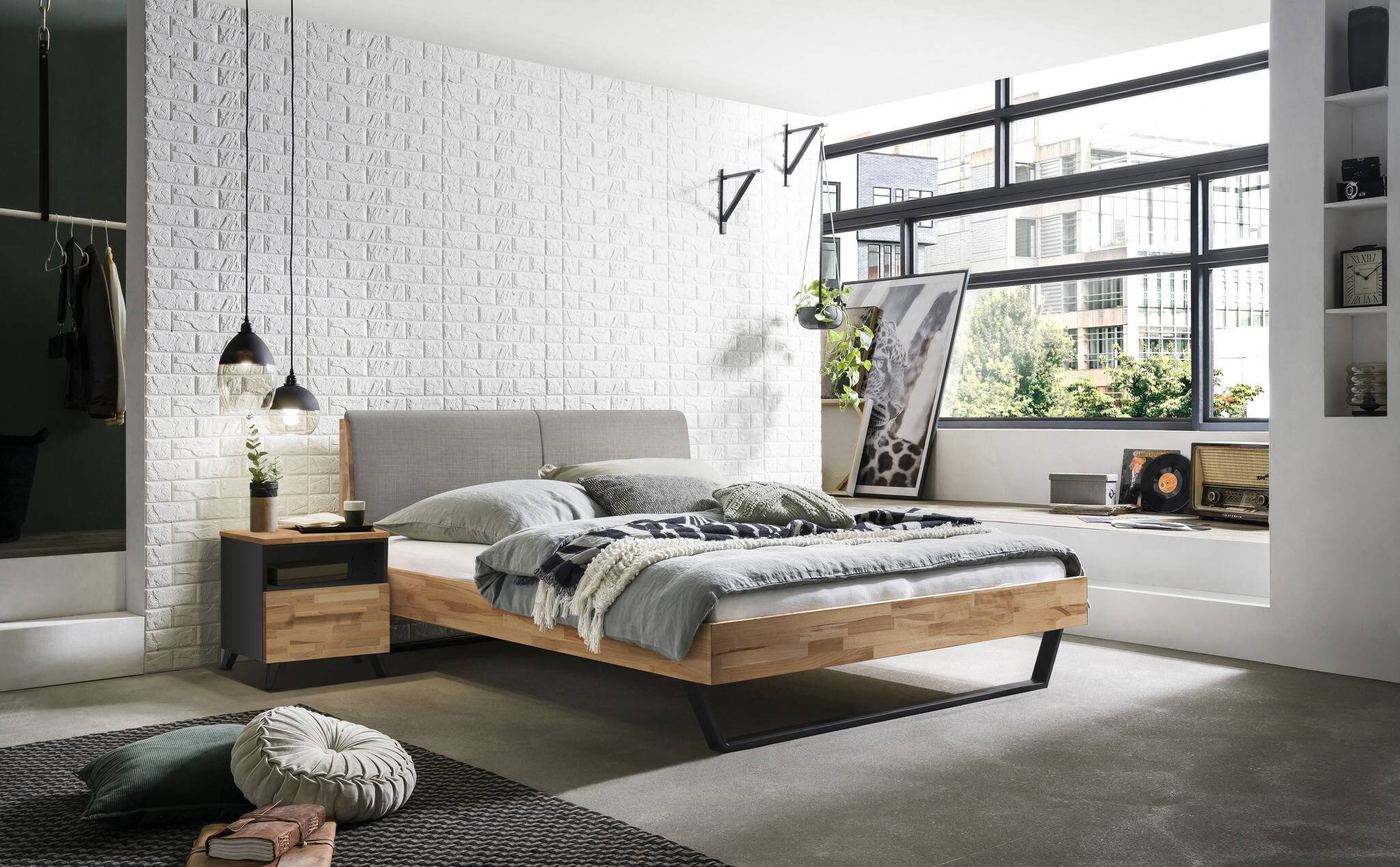 Kernbuche natur, geölt, Kopfteil Bezug Stoff Pepe Grey 335