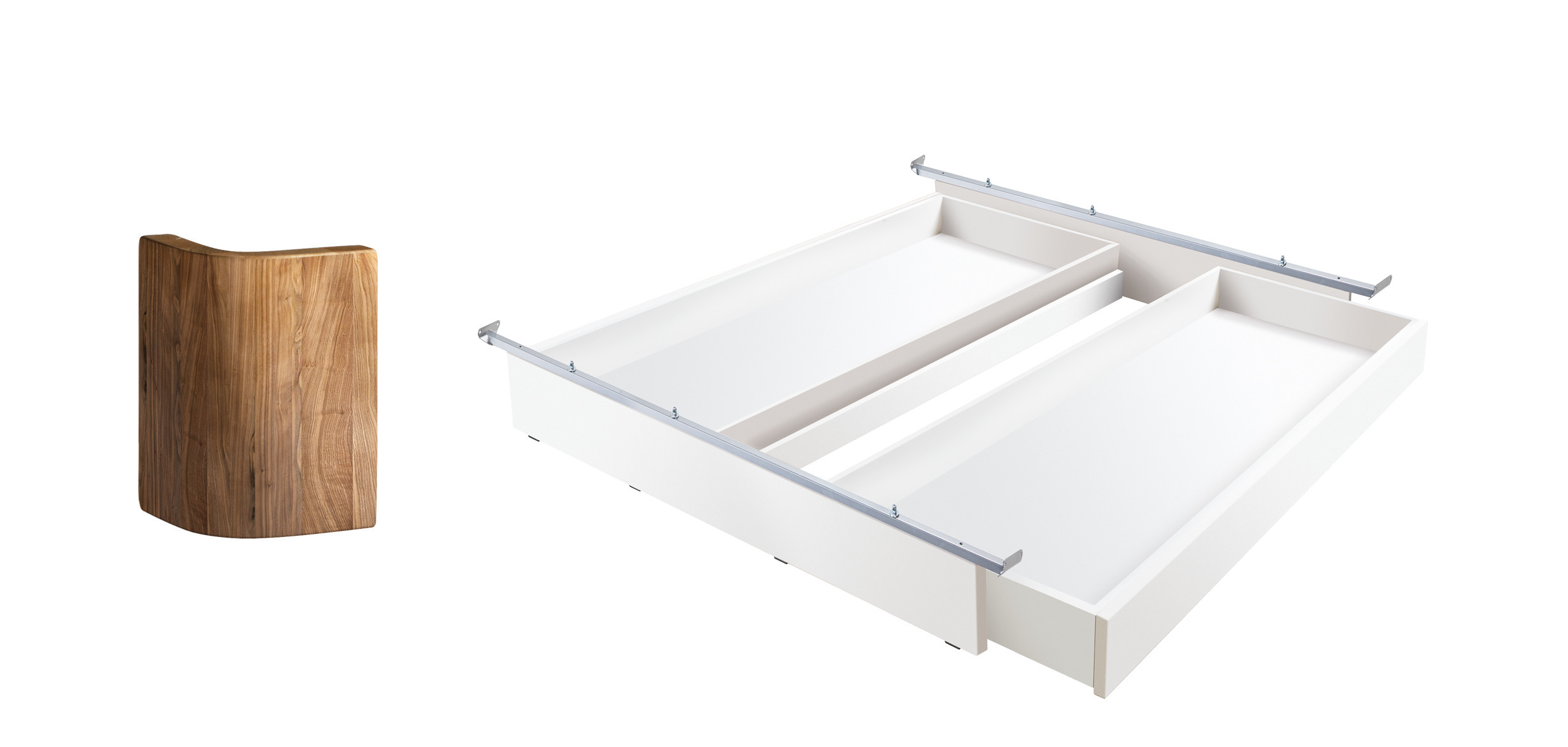 MDF Weiss deckend, lackiert, Füße Nussbaum, geölt