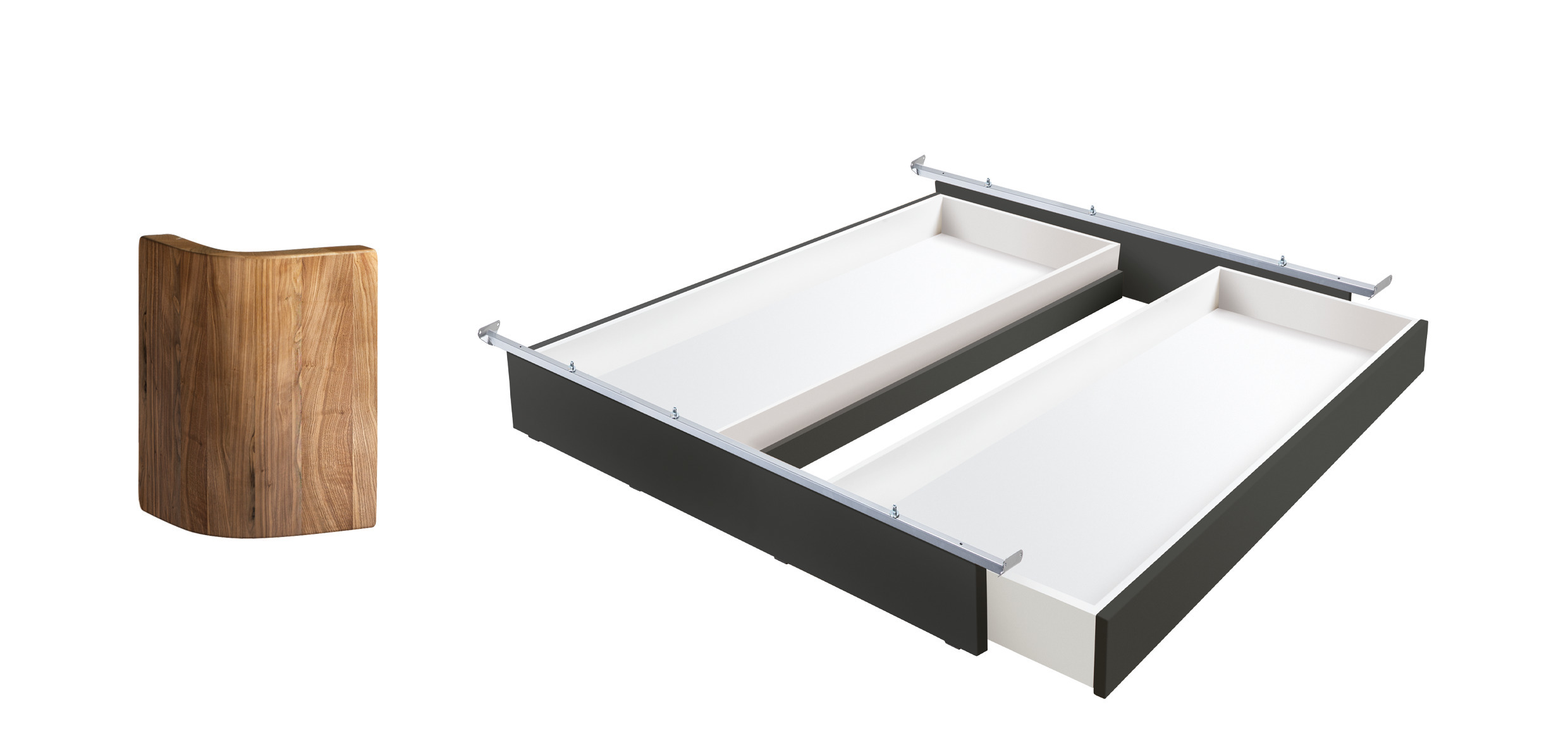 Buche anthracit deckend, lackiert, Füße Nussbaum, geölt, mit 2 Schubladen