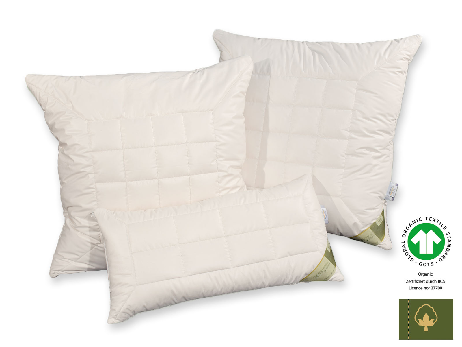 Bio-Cotton GOTS organic Kopfkissen mit Schurwollkugeln, 40 x 80 cm und 80 x 80 cm