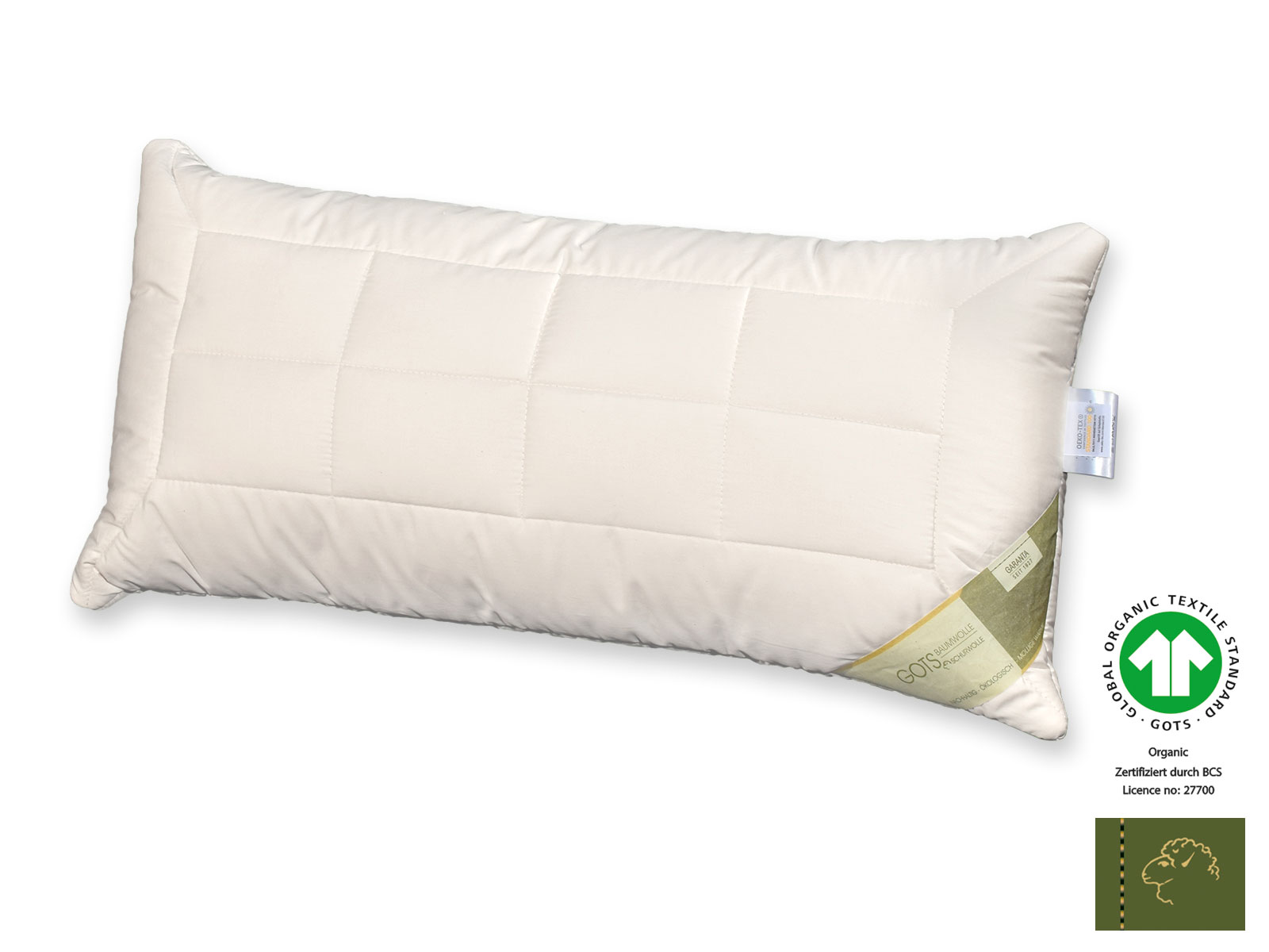 Bio-Schurwolle GOTSorganic Kopfkissen mit Schurwollvlies, 40 x 80 cm