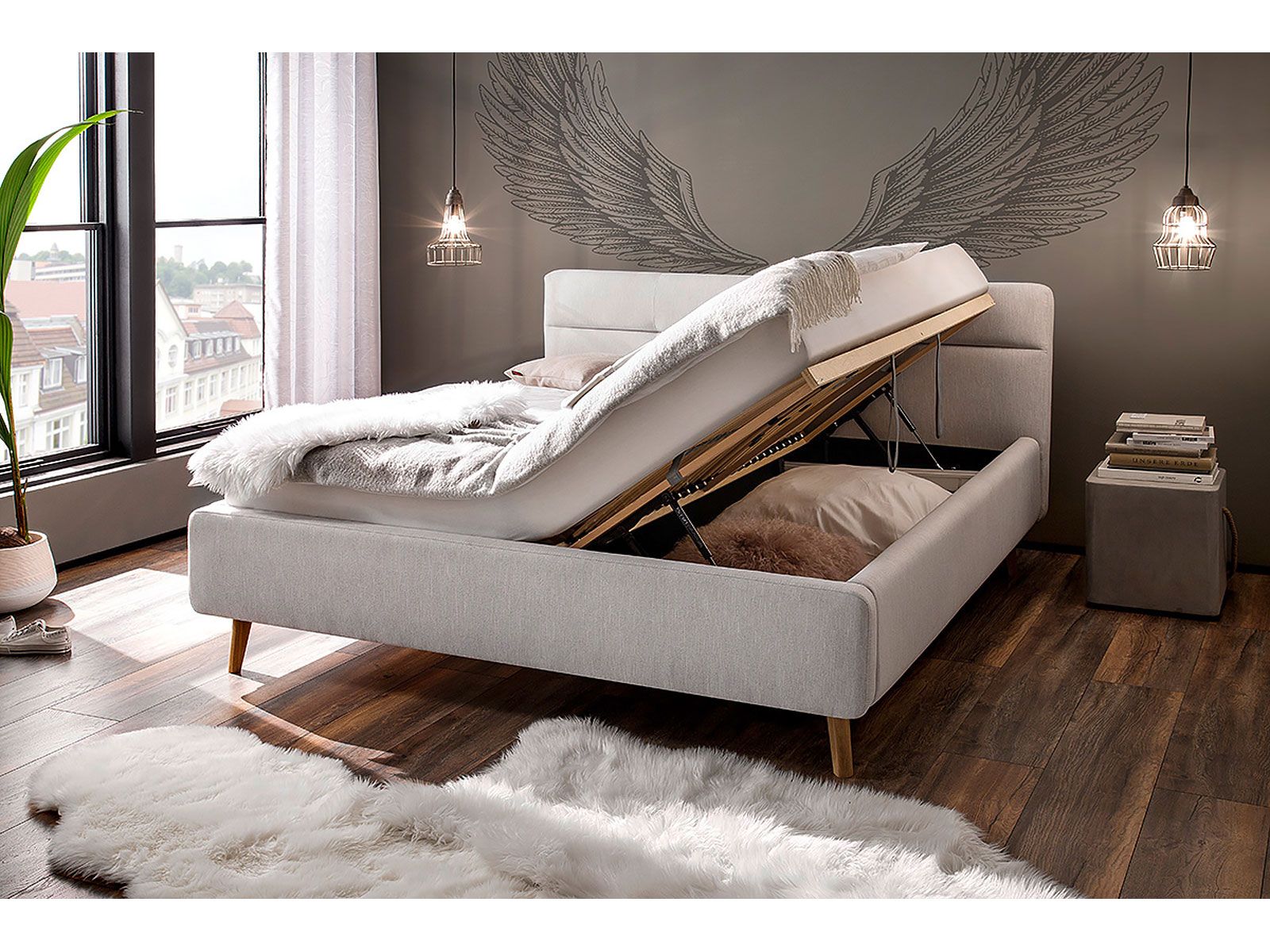 Polsterbett Lotte, Farbe Hellgrau, Bettkasten, Detail