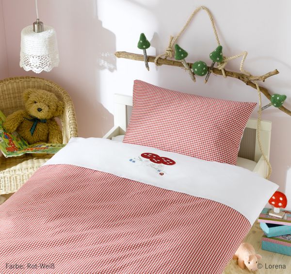 Lorena Mako-Batist Kinderbettwäsche mit Reißverschluss Pilz, Rot-Weiß 100 x 135 + 40 x 60 cm