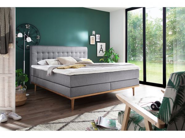 Boxspringbett Massello, Farbe Hellgrau, Holz Eichefarbig